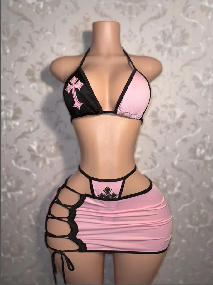 Y2K Cross Patch Halter Bikini Lace Up Mini Skirt 3 Piece Set