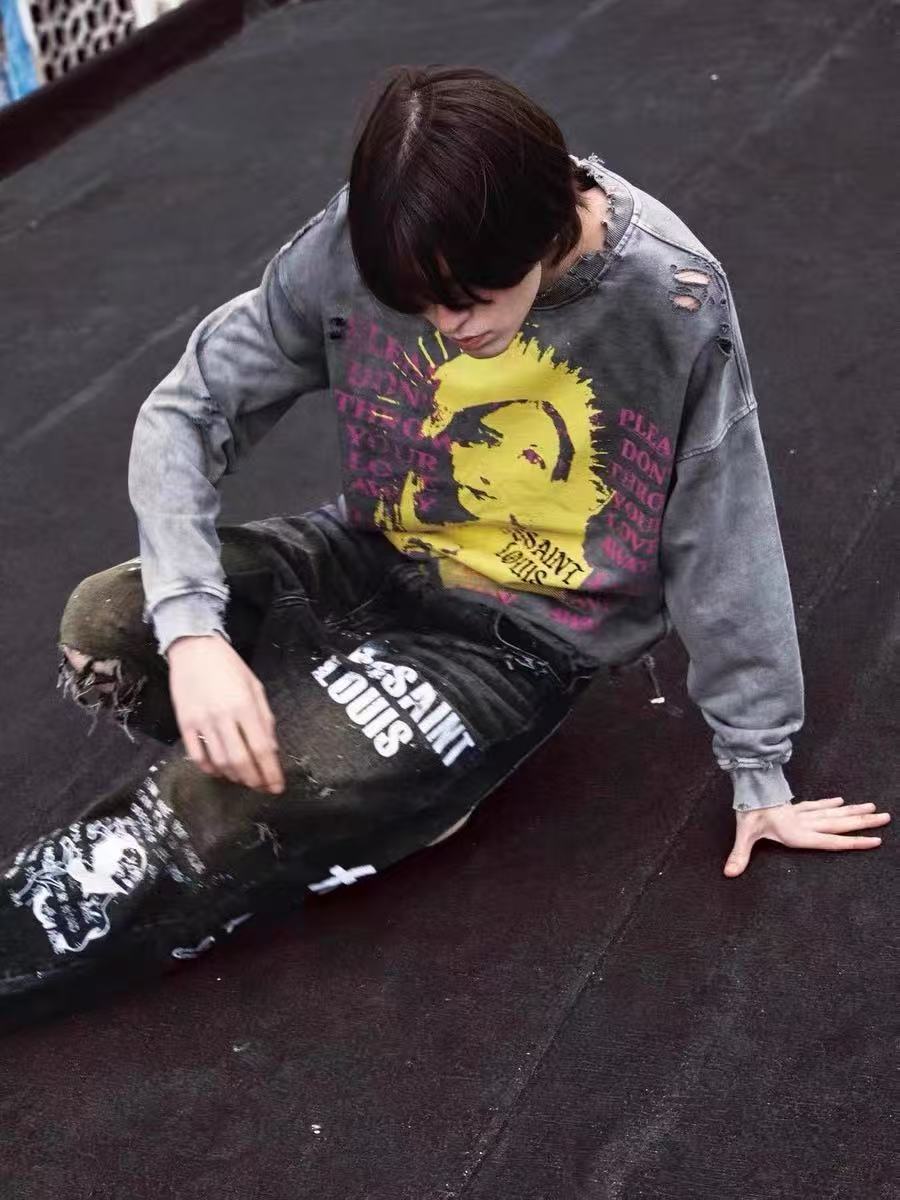 SSSAINT LOUIS Saint Graphic Distressed Washed Crewneck Sweatshirt