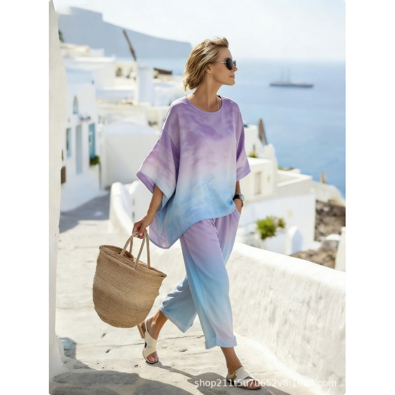 Women Boho Gradient Print Round Neck Batwing Loose Beach Two Piece Set