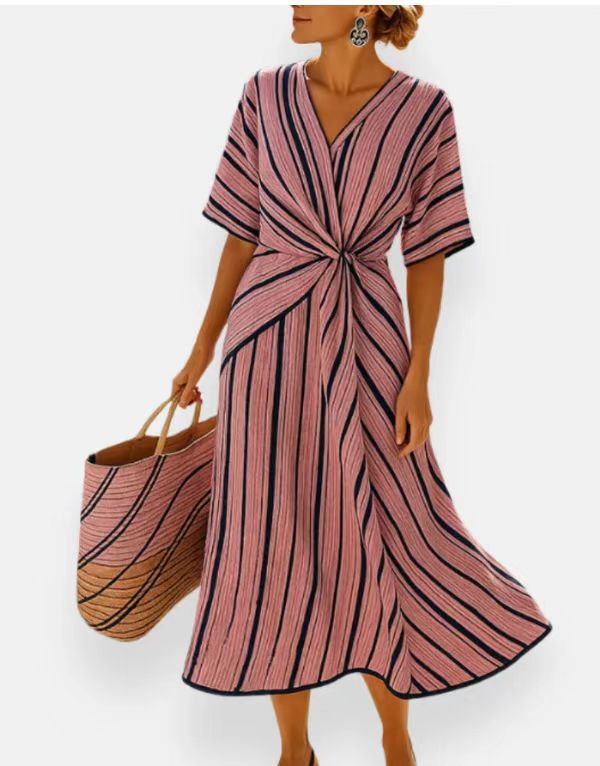 Women Boho V Neck Twist Front Trim Loose Linen Beach Maxi Dress