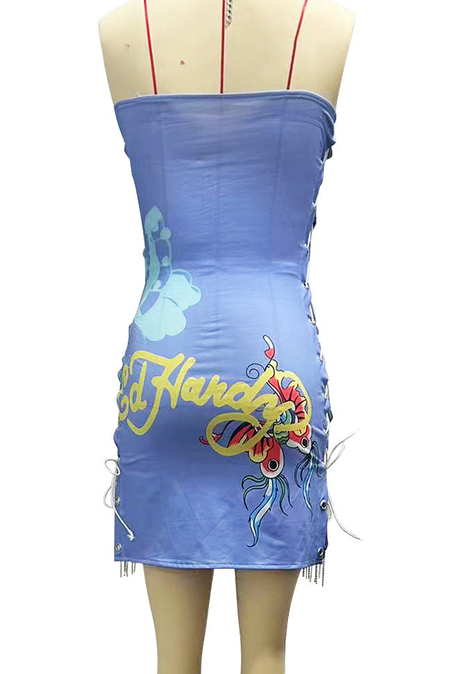 Y2K Vintage Dragon Print Strapless Drawstring Slit Mini Dress