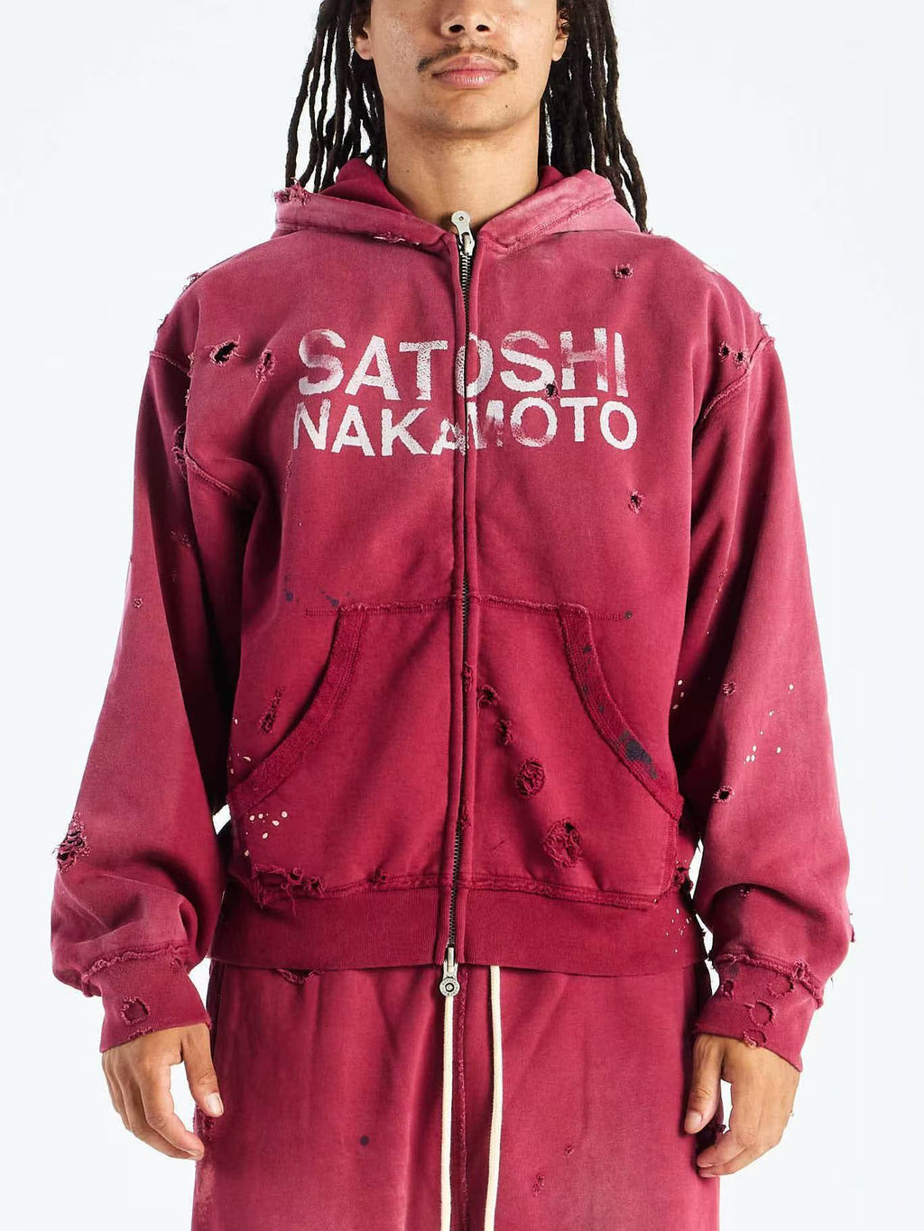 Satoshi Nakamoto Washed Distressed Zip Hoodie Splash Ink Street Jacket