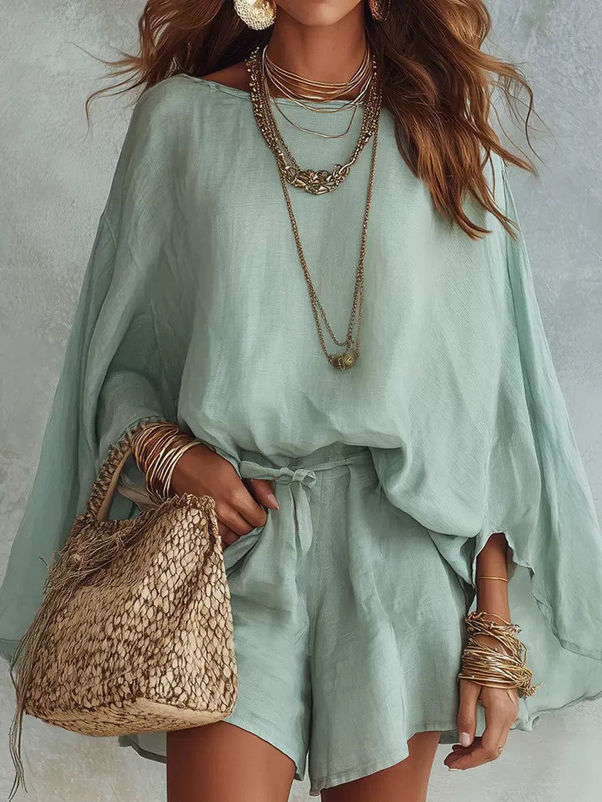 Women Boho Vertical Striped Linen V Neck Loose Kaftan Beach Vacation Set
