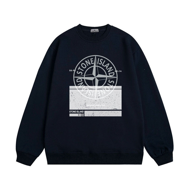Stone Island Compass Print Crewneck Sweatshirt Men Winter Fleece Top
