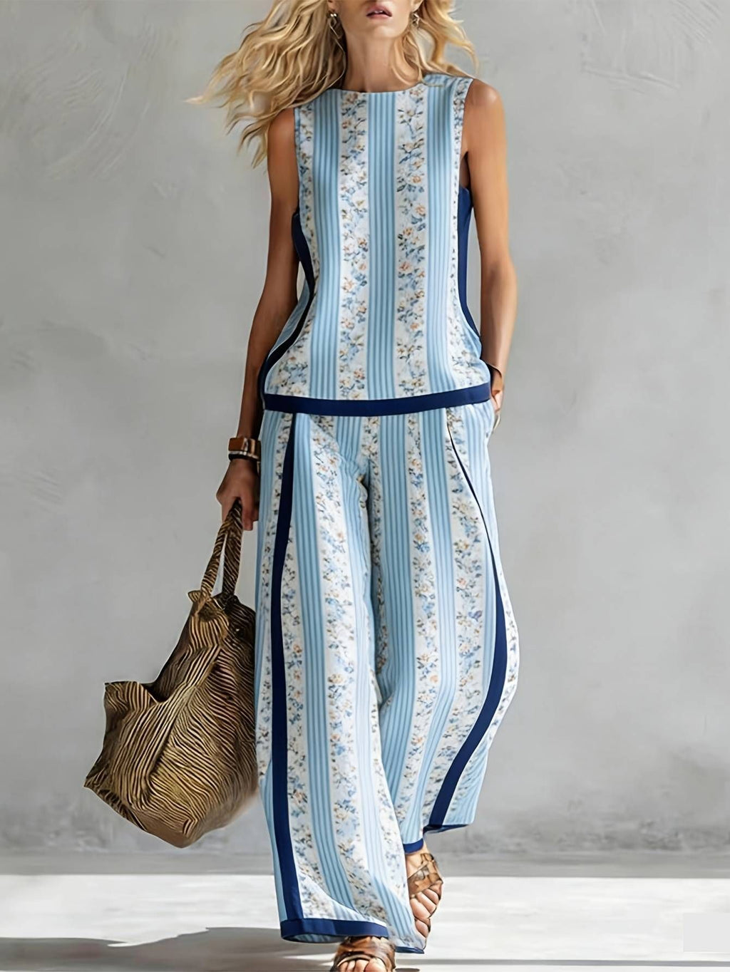 Boho Floral Trim Sleeveless Wide Leg Two Piece Set
