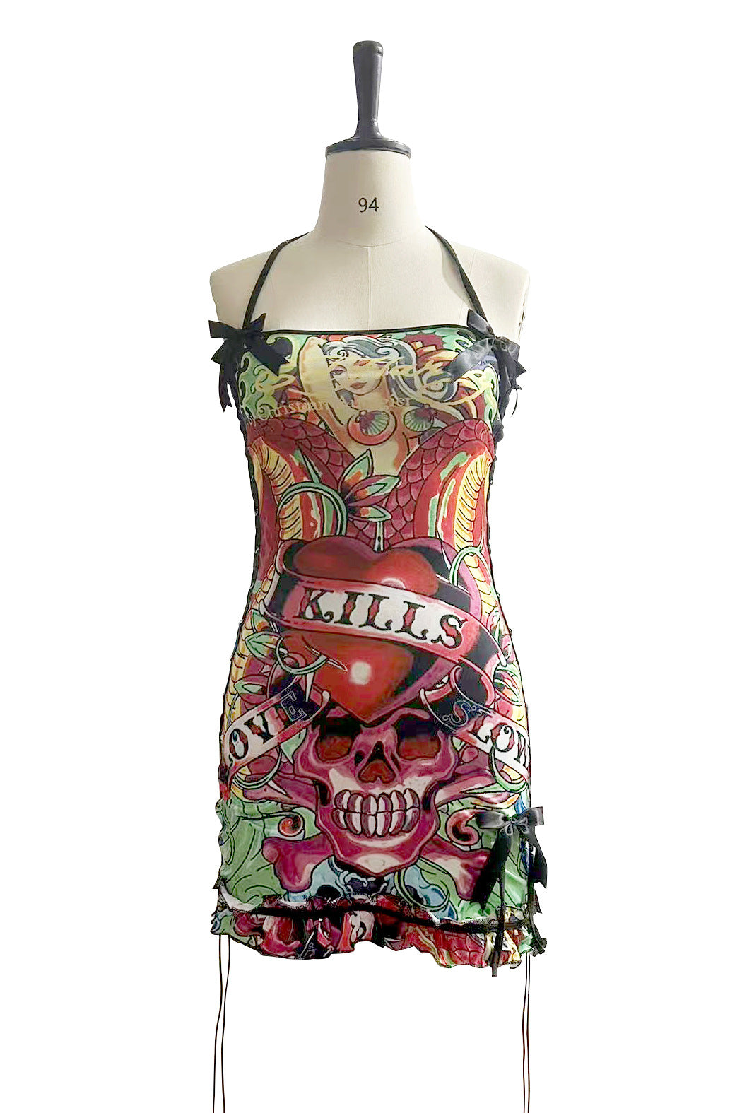 Vintage Skull Print Lace Up Cami Mini Dress Halloween