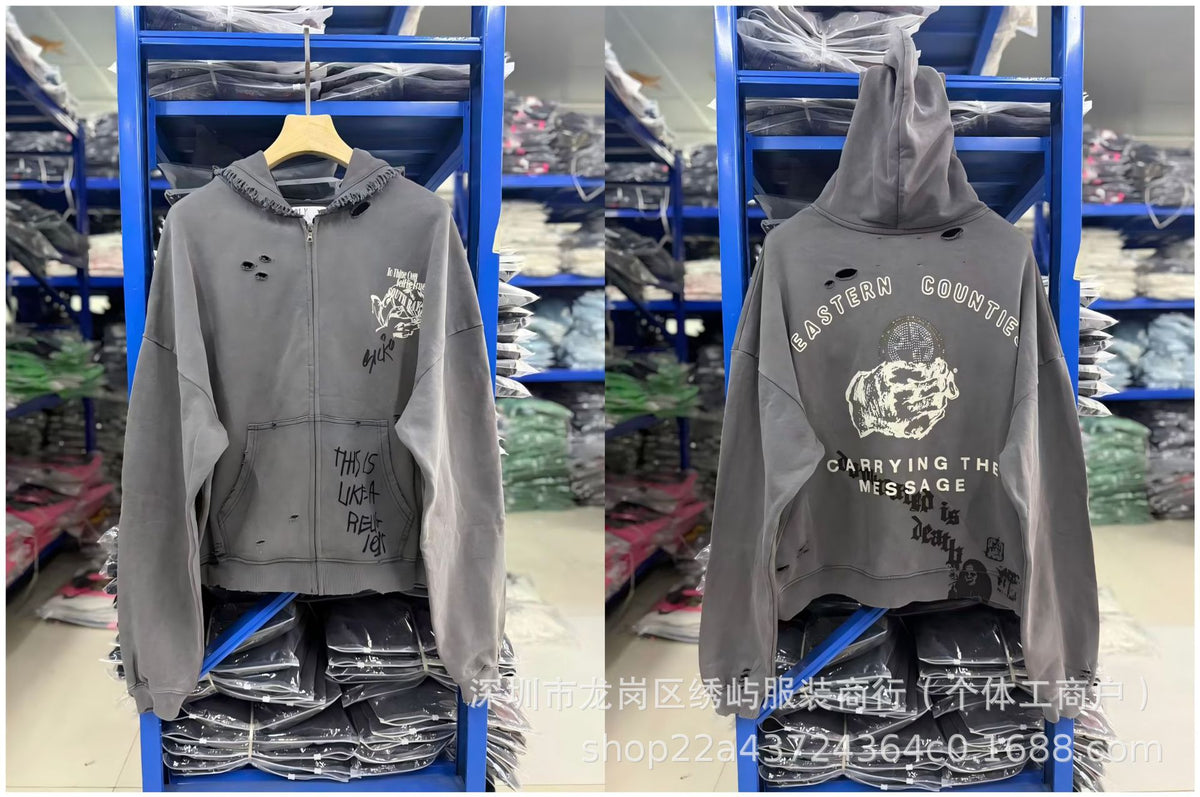 Paly Hollywood Cartoon Letter Hoodie Vintage Wash Graphic Streetwear