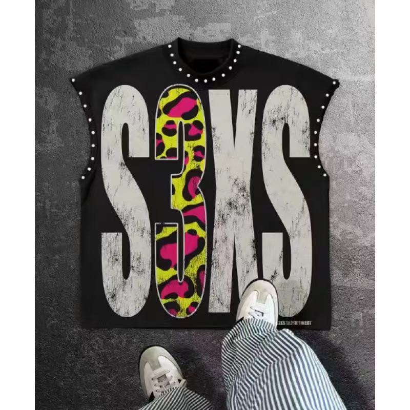 Vintage Letter Number Graphic Rivet Sleeveless Loose Vest Top Women