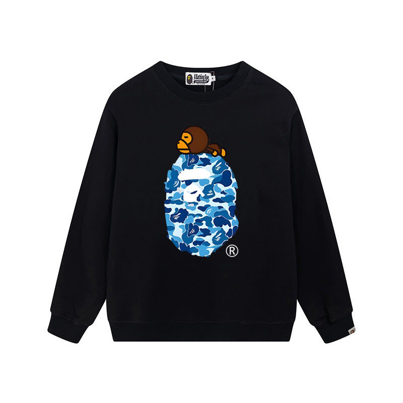 Bape Arch Letter Shark Ape Head Washed Oversized Crewneck Streetwear