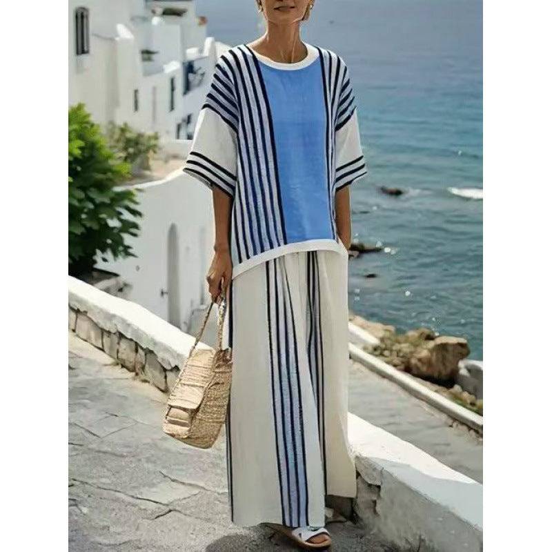 Women Boho Striped Plus Size Loose Kaftan Beach Set