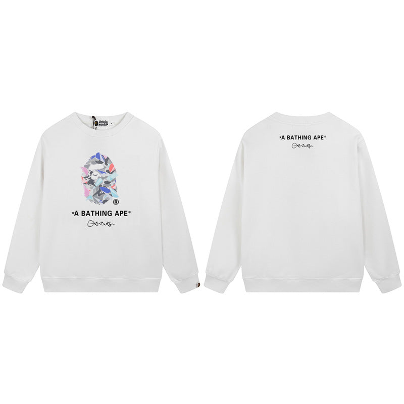 Bape Arch Letter Shark Ape Head Washed Oversized Crewneck Streetwear