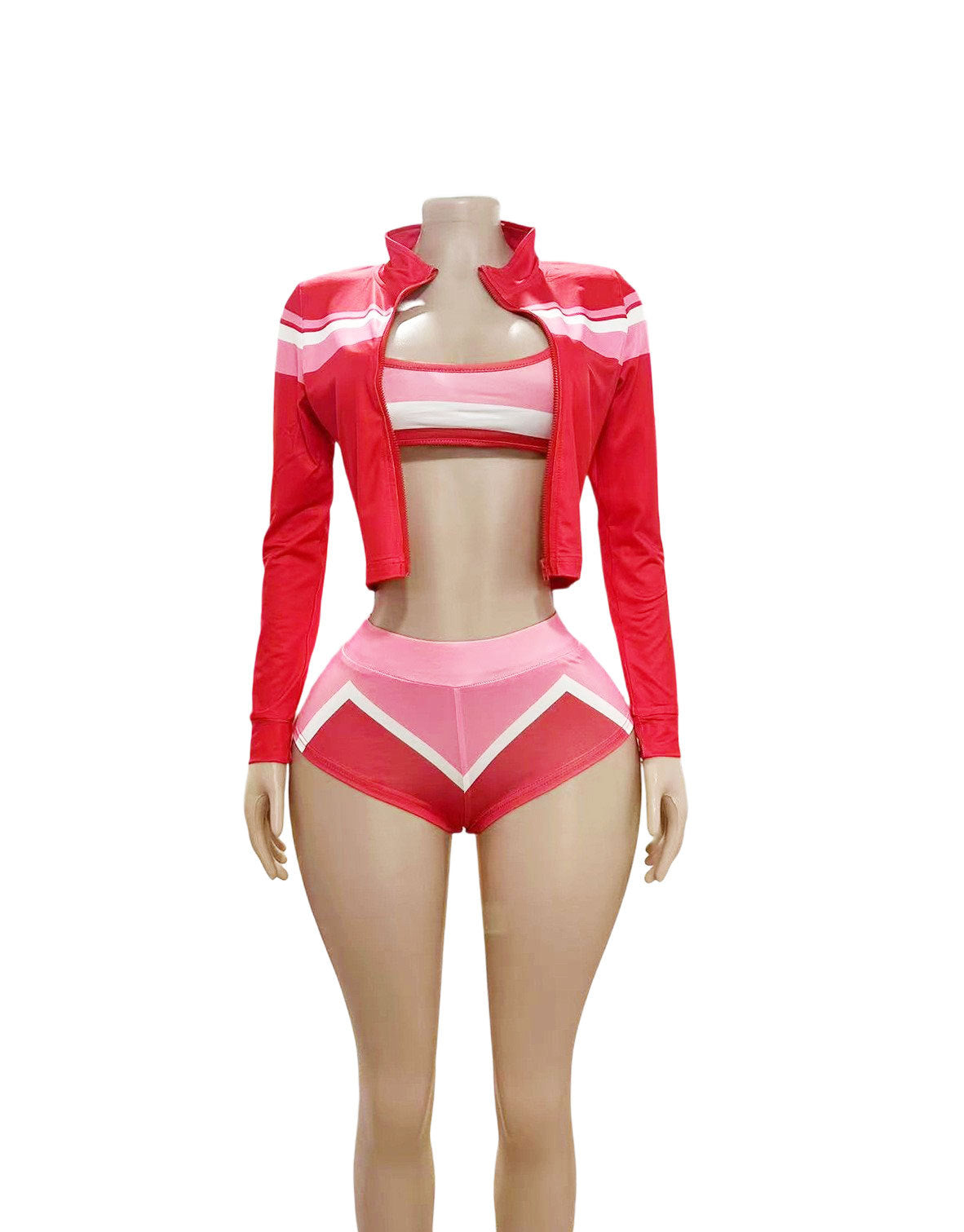 Y2K Color Block Zip Crop Jacket Bikini Short 3 Piece Set