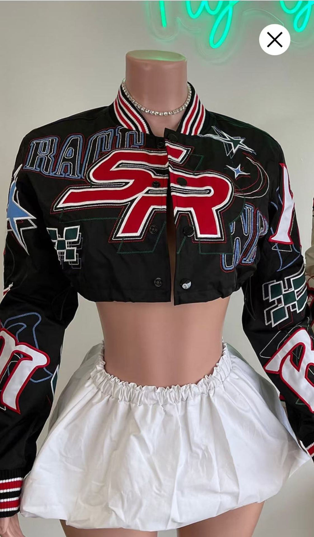 Embroidered Cropped Varsity Jacket Women Long Sleeve Baseball Coat