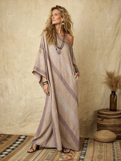 Women Boho Diagonal Striped Off Shoulder Loose Kaftan Maxi Beach Dress