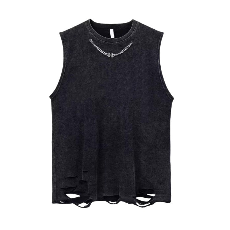 Vintage Washed Ripped Cotton Tank Mens Loose Sleeveless Tee