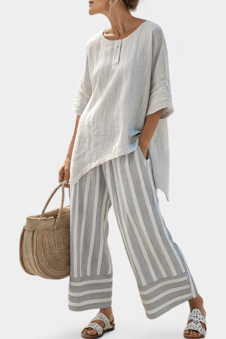 Women European Boho Striped Plus Size Loose Kaftan Beach Vacation Set