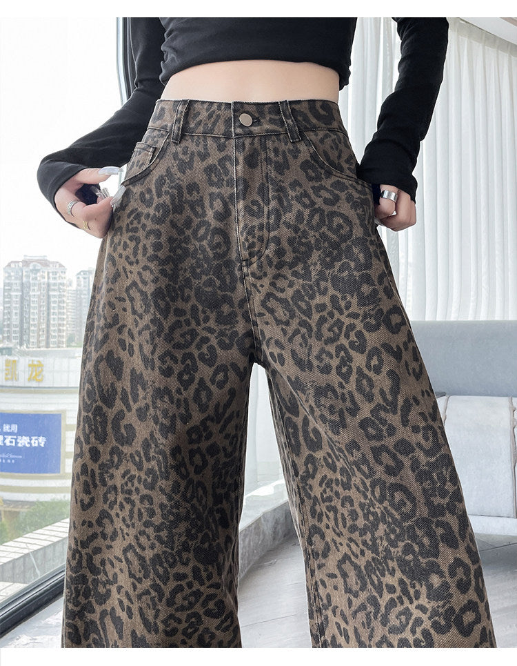 Leopard Print Wide Leg Denim Jeans High Waist Loose Straight Pants