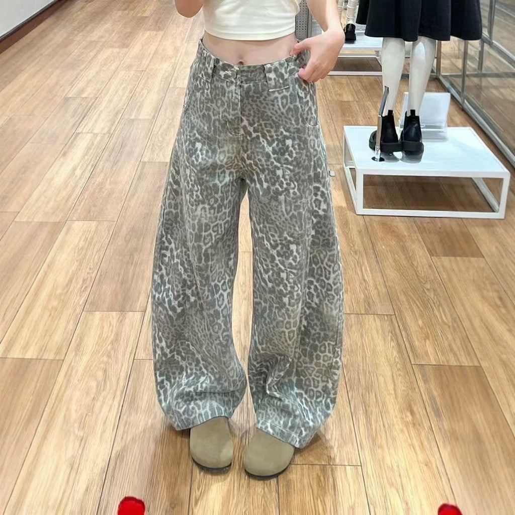 Vintage Leopard Print Wide Leg Denim Jeans Loose Floor Curved Pants