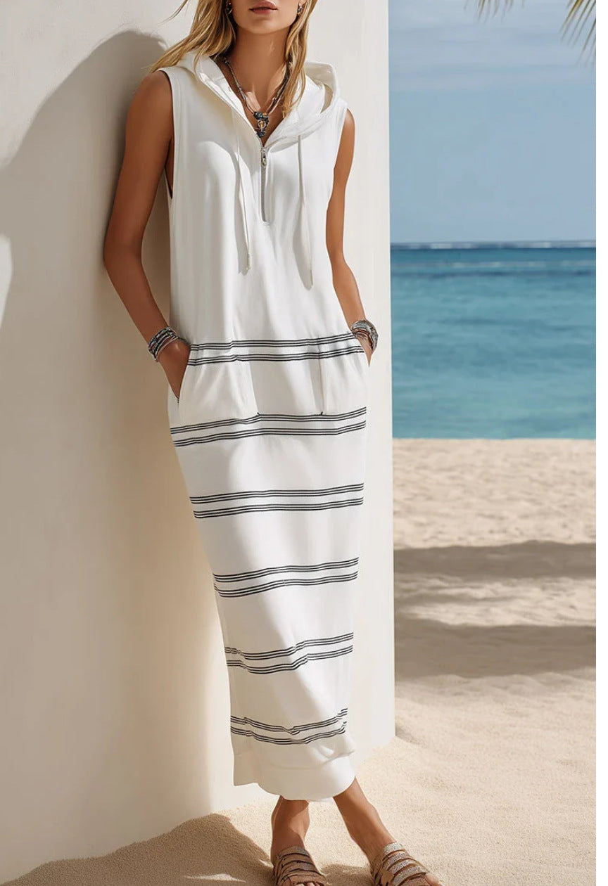 Women Boho Striped Hooded Sleeveless Slit Pocket Kaftan Maxi Beach Dress