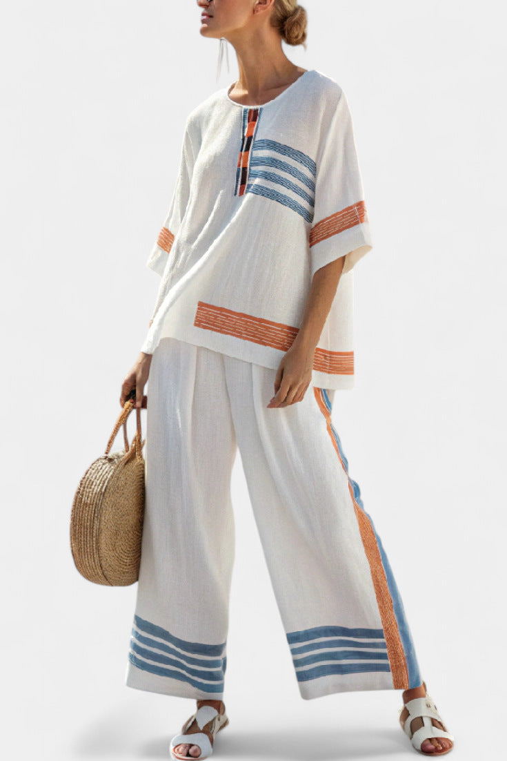 Women European Boho Striped Plus Size Loose Kaftan Beach Vacation Set