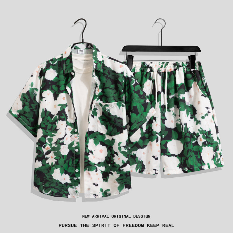 Ice Silk Quick Dry Couple Floral Loose Beach Shirt Shorts Set T3601-T3630