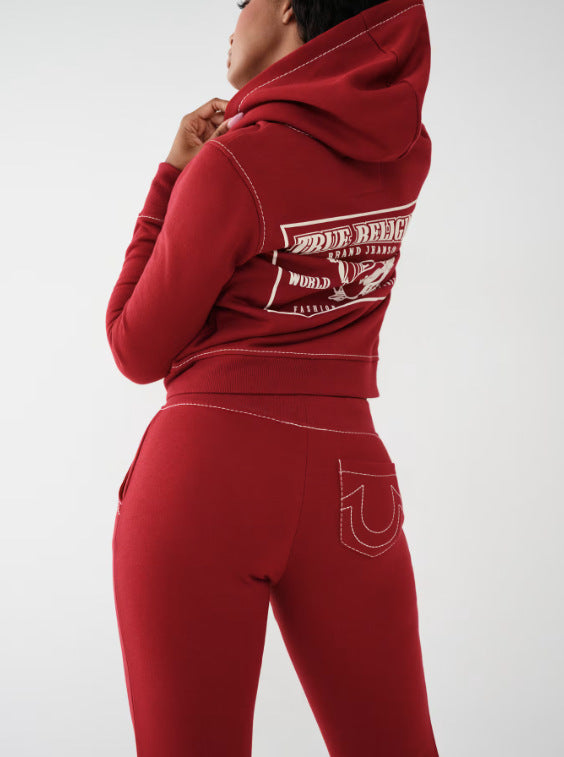 True Religion Vintage Stitch Zip Crop Hoodie Flare Pant Tracksuit Set