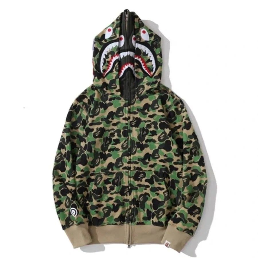 BAPE Double Hood Shark Tiger Camo Embroidered Zip Hoodie