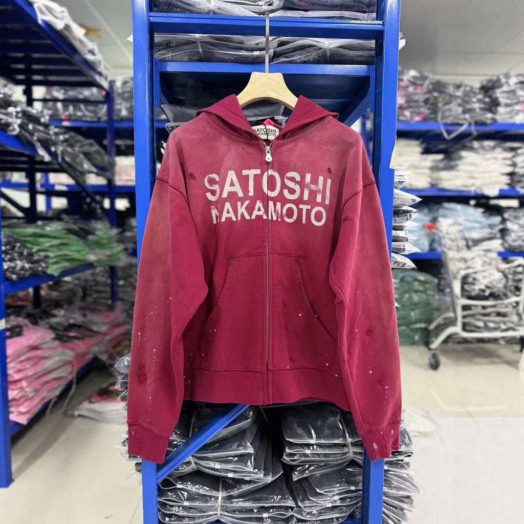 Satoshi Nakamoto Washed Distressed Zip Hoodie Splash Ink Street Jacket