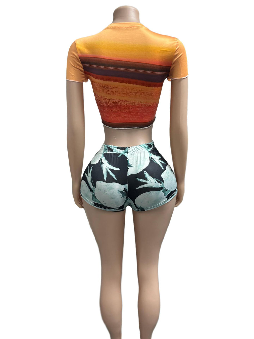 Gradient Graphic Print Crop Top Denim Shorts 2 Piece Set Women