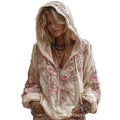 Women Boho Floral Print Zip Up Hooded Long Sleeve Loose Top