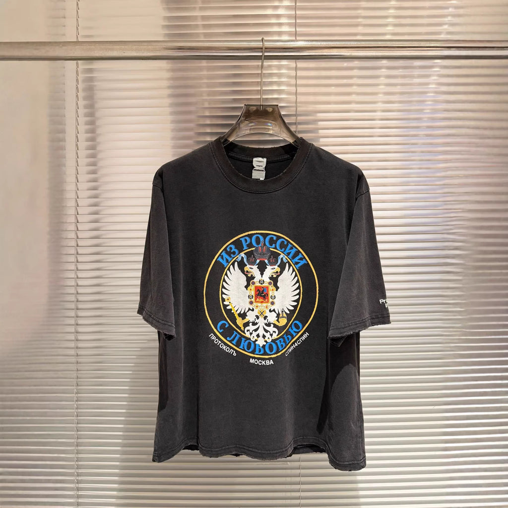 Washed Distressed Double Head Eagle Graphic Crew Neck Short Sleeve T Shirt
