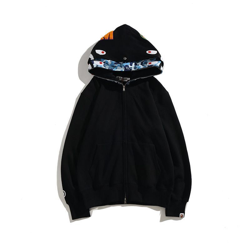 BAPE Double Hood Shark Tiger Camo Embroidered Zip Hoodie