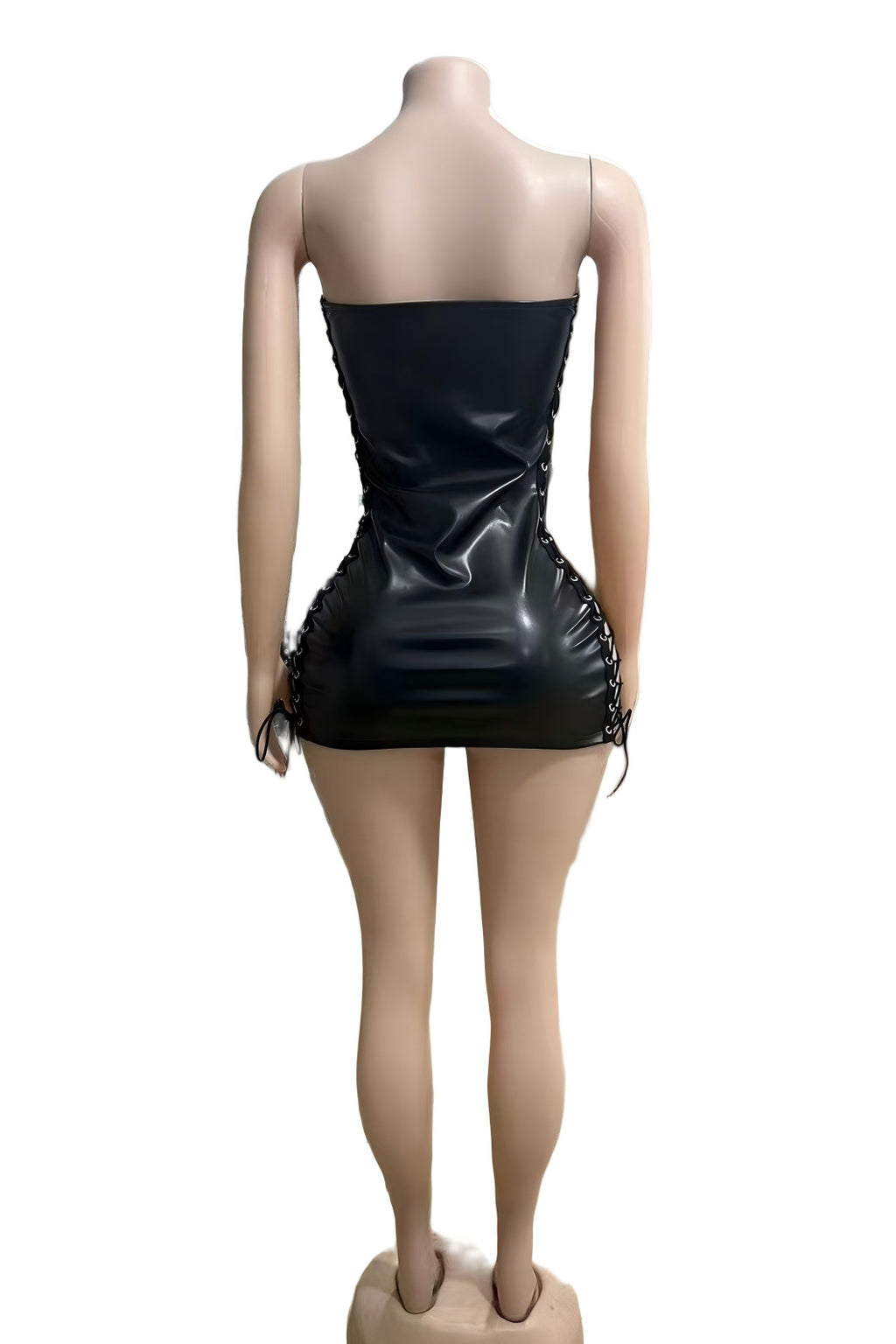 Y2K Faux Leather Strapless Eyelet Lace Up Side Cutout Mini Dress