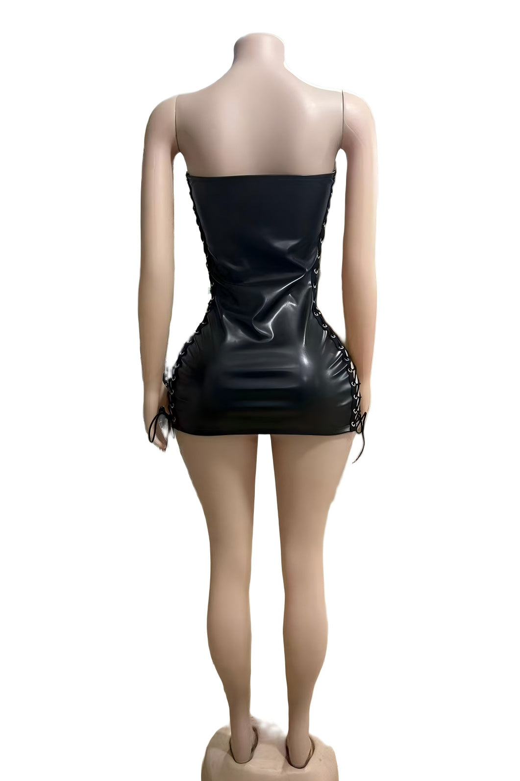 Y2K Faux Leather Strapless Eyelet Lace Up Side Cutout Mini Dress