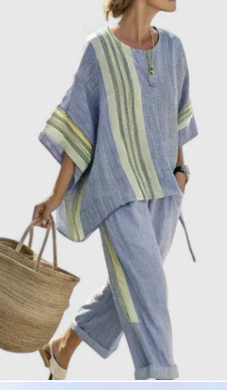 Women Boho Gradient Print Round Neck Batwing Loose Beach Two Piece Set