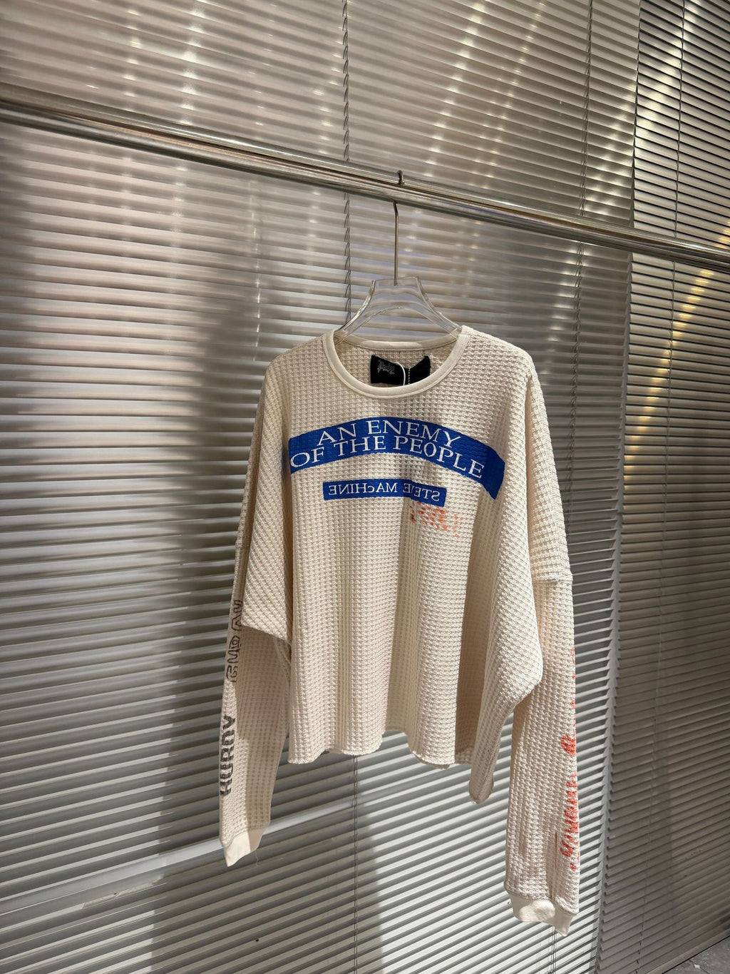 Waffle Knit Figure Letter Graphic Crew Neck Long Sleeve T Shirt