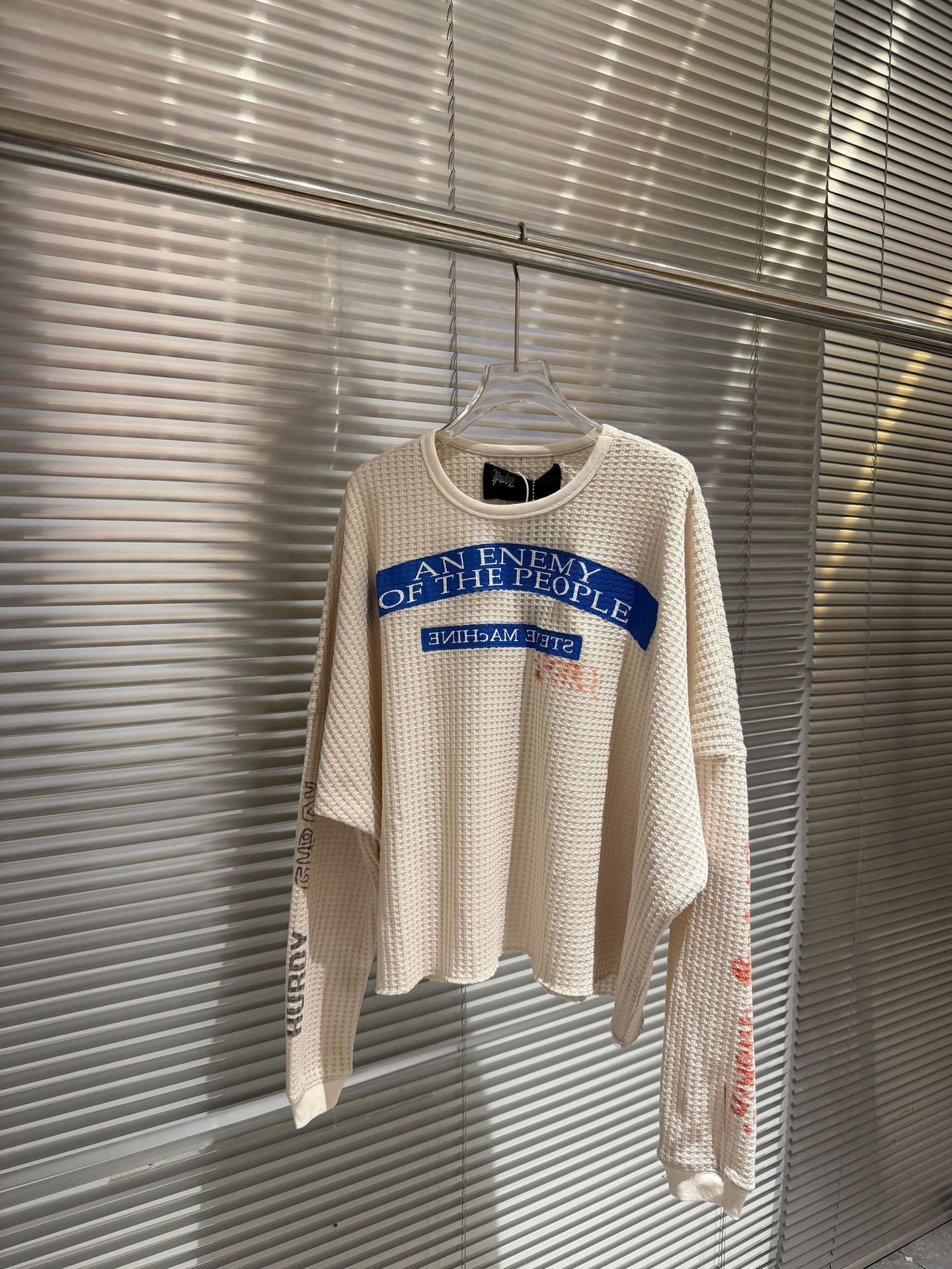 Waffle Knit Figure Letter Graphic Crew Neck Long Sleeve T Shirt