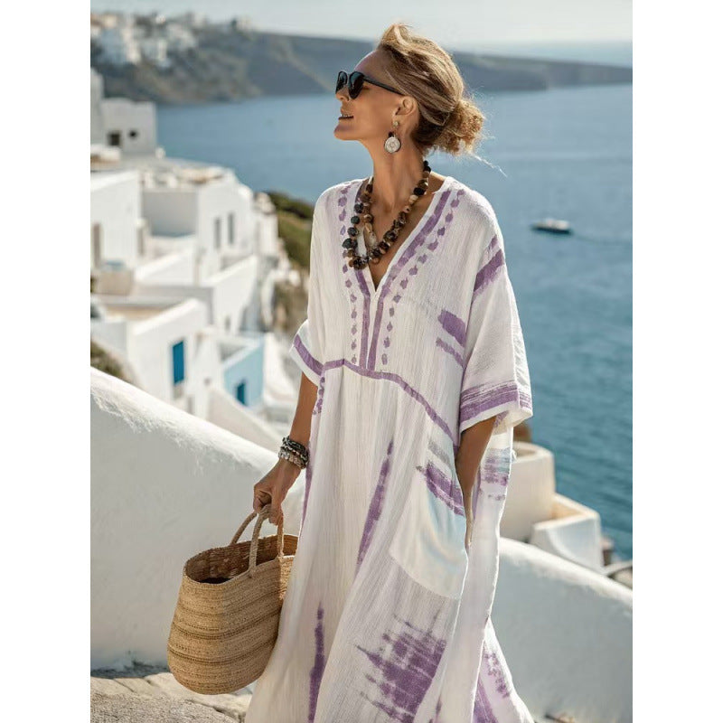 Women Boho Striped Embroidery V Neck Loose Kaftan Maxi Beach Dress