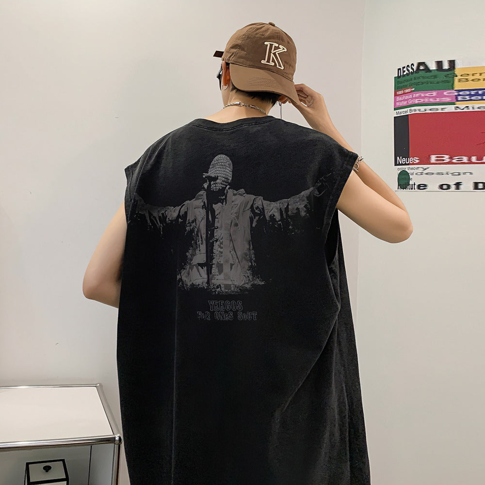 Vintage Washed Graphic Tank Mens Loose American Hip Hop Sleeveless Tee