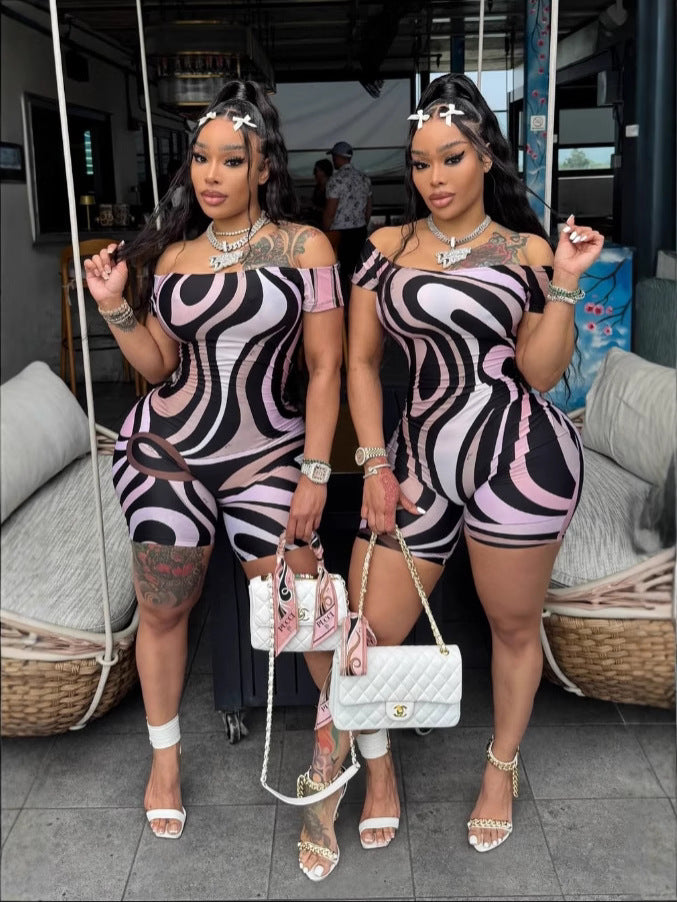 Off Shoulder Abstract Print Bodycon Romper Shorts Women Sexy Club Jumpsuit