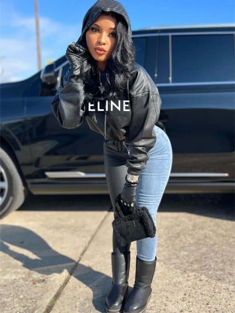 Letter Print PU Leather Cropped Hoodie Women