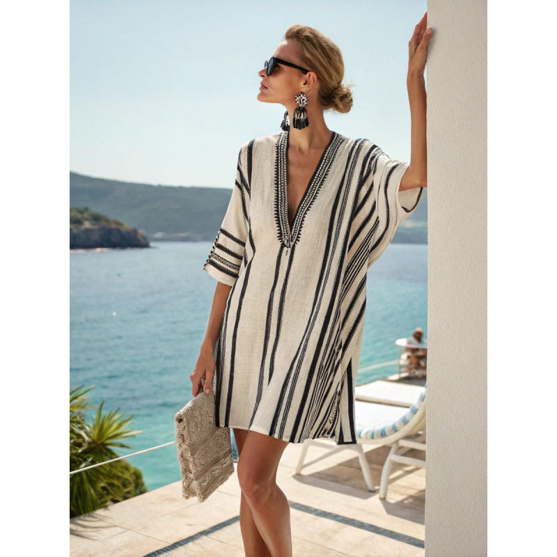 Women Boho Striped V Neck Loose Kaftan Midi Beach Dress