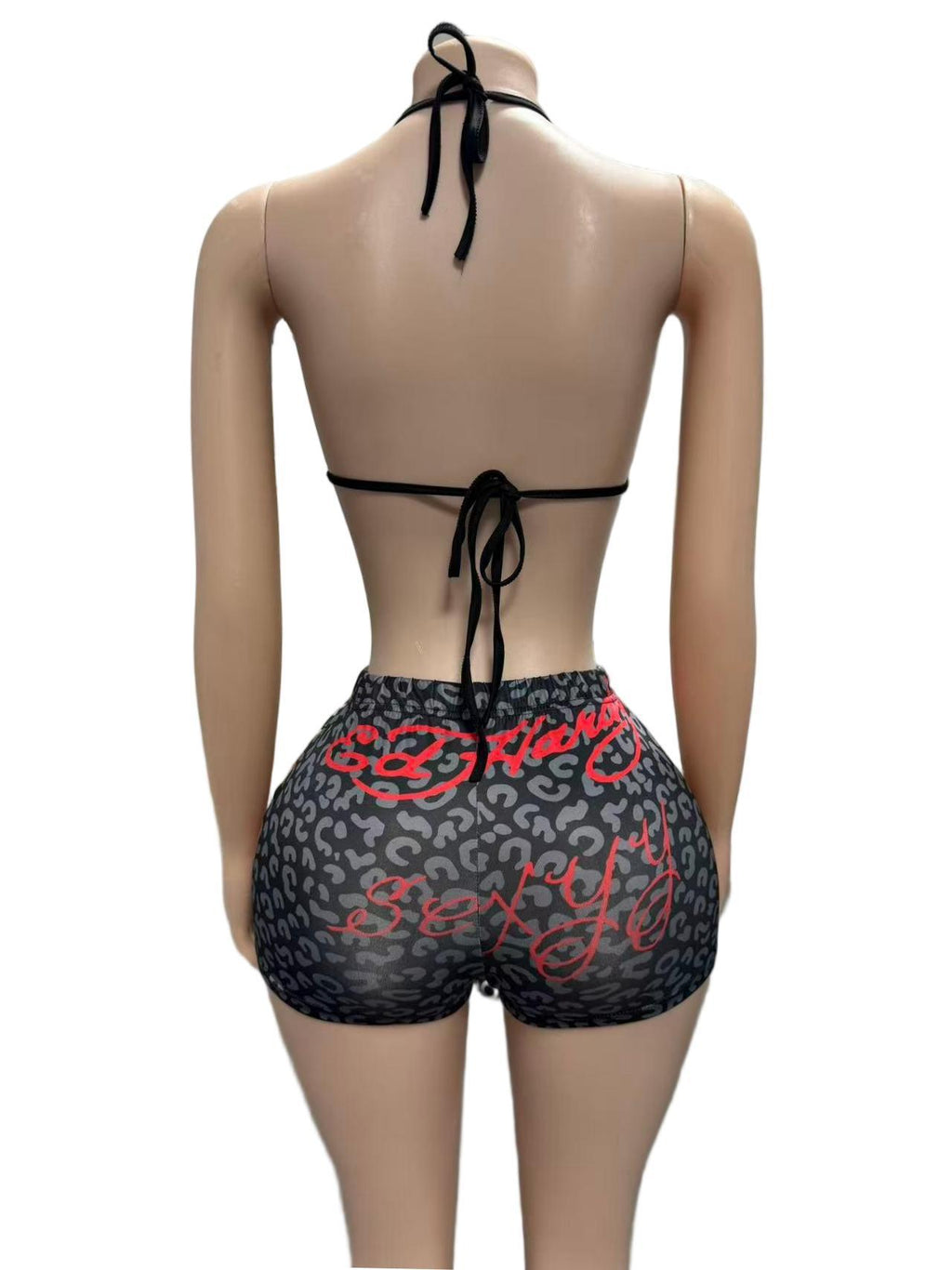 Leopard Rose Print Halter Sexy 2 Piece Shorts Set Women Club Outfit