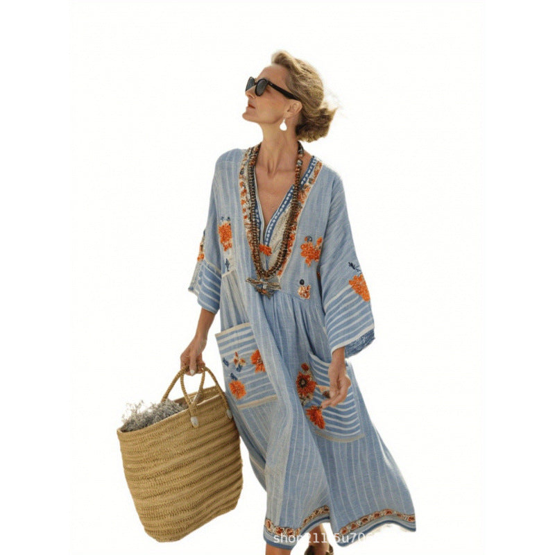 Women Boho Border Print V Neck Loose Kaftan Maxi Beach Dress