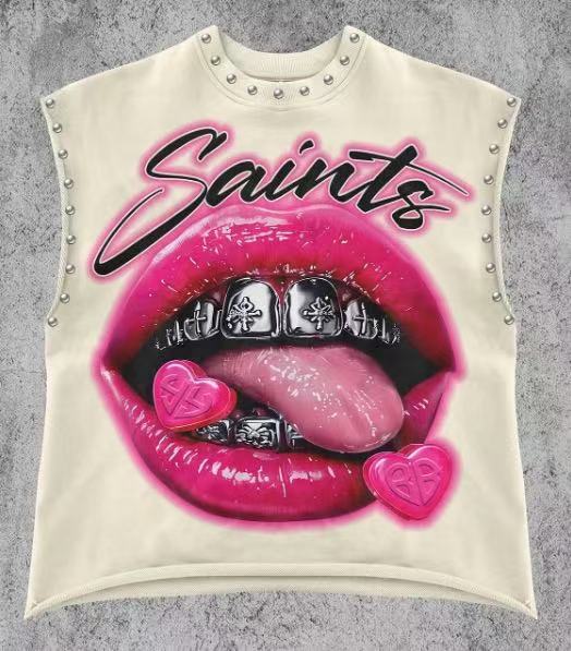 Vintage Letter Number Graphic Rivet Sleeveless Loose Vest Top Women