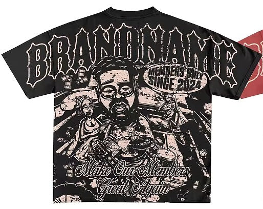 Y2K Hip-Hop Cartoon Portrait Oversized Vintage Baumwoll-T-Shirt im Members-Only-Stil
