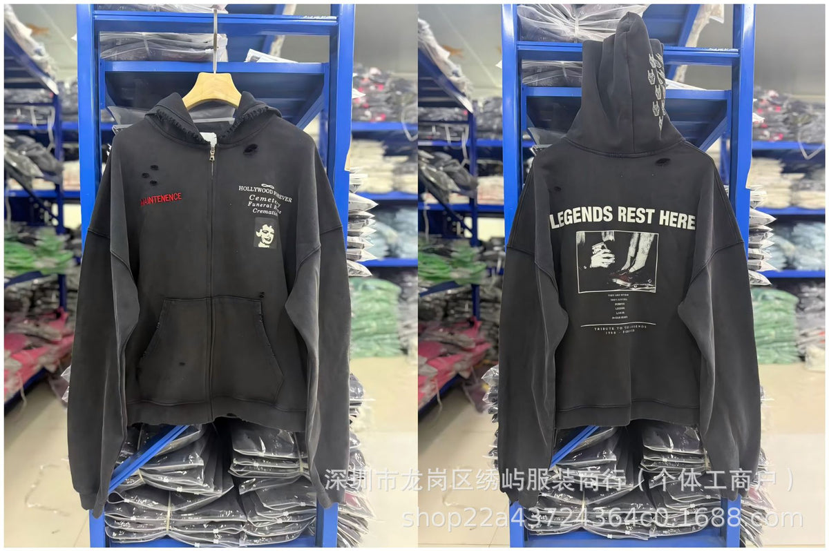 Paly Hollywood Cartoon Letter Hoodie Vintage Wash Graphic Streetwear