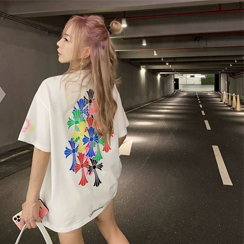 Chrome Hearts Color Sanskrit Cross Print Short Tee Unisex Y2K
