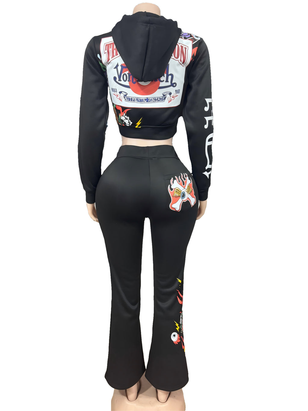 True Religion Graphic Zip Crop Hoodie Flare Pants 2 Piece Set