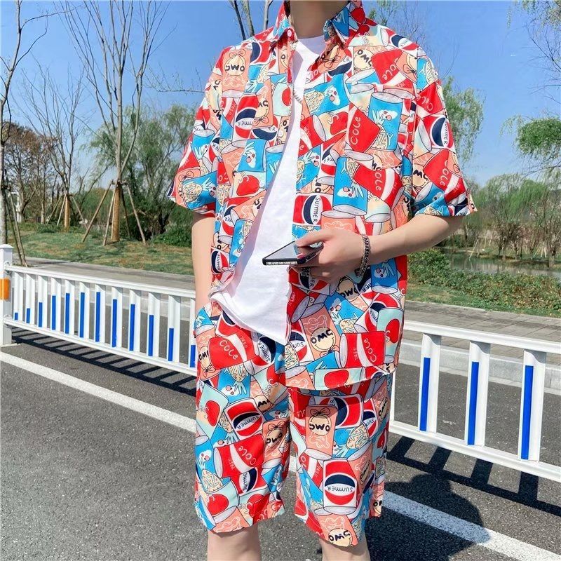 Couple Quick Dry Floral Loose Tropical Beach Shirt Shorts Set